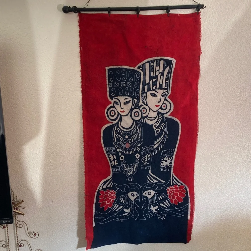 Batik Red and Blue Artistic Wall Hanging a couple birds ethnic bright